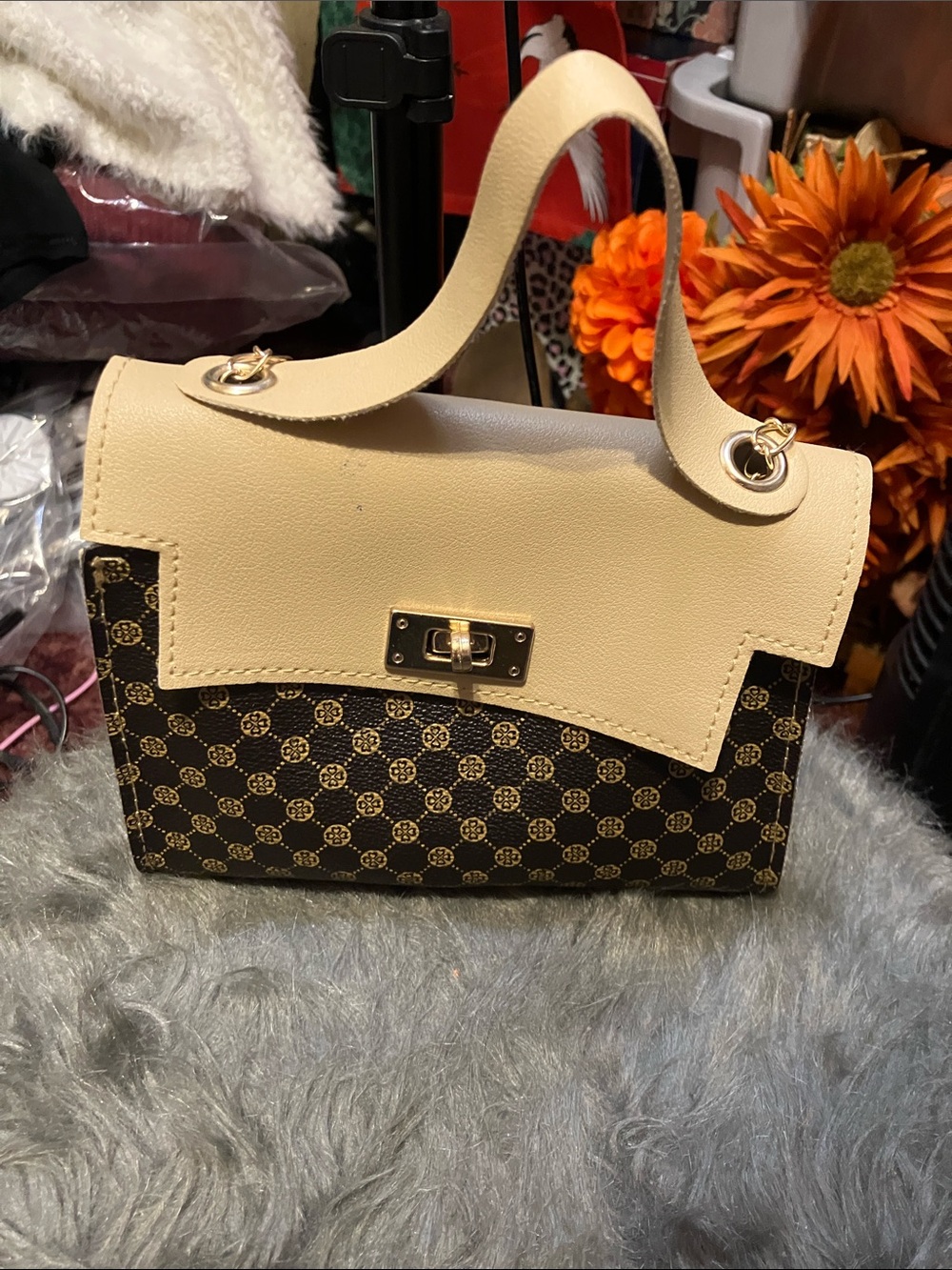 Classic Patterned Top-Handle Bag in Beige and Brown